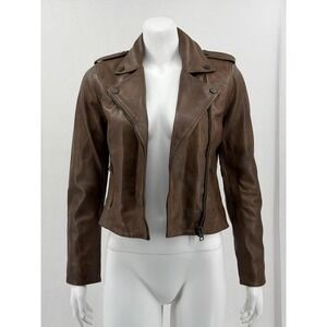 Lucky Brand Jacket Womens XS Brown Lamb Leather Moto Biker Asymmetrical Zip